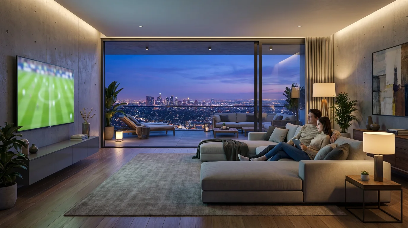 A couple relaxes in a modern city apartment at dusk watching an abstract football game.
