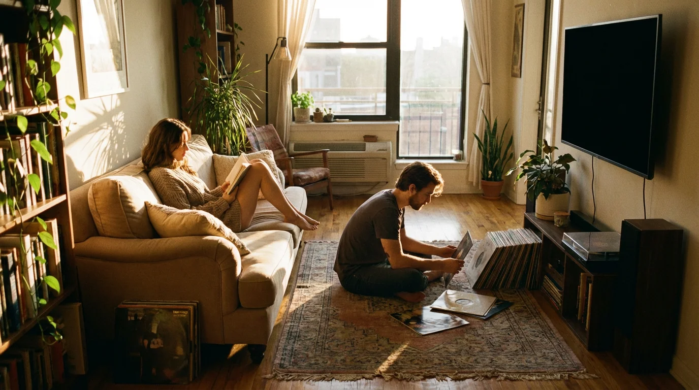 A couple relaxes in a sunlit living room with books and vinyl records.