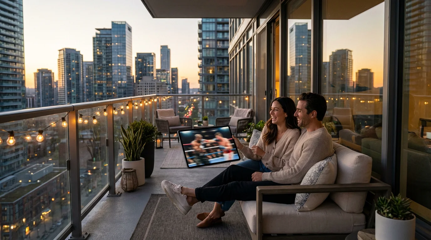 A couple relaxes on a city balcony at sunset, streaming a boxing match on a tablet.