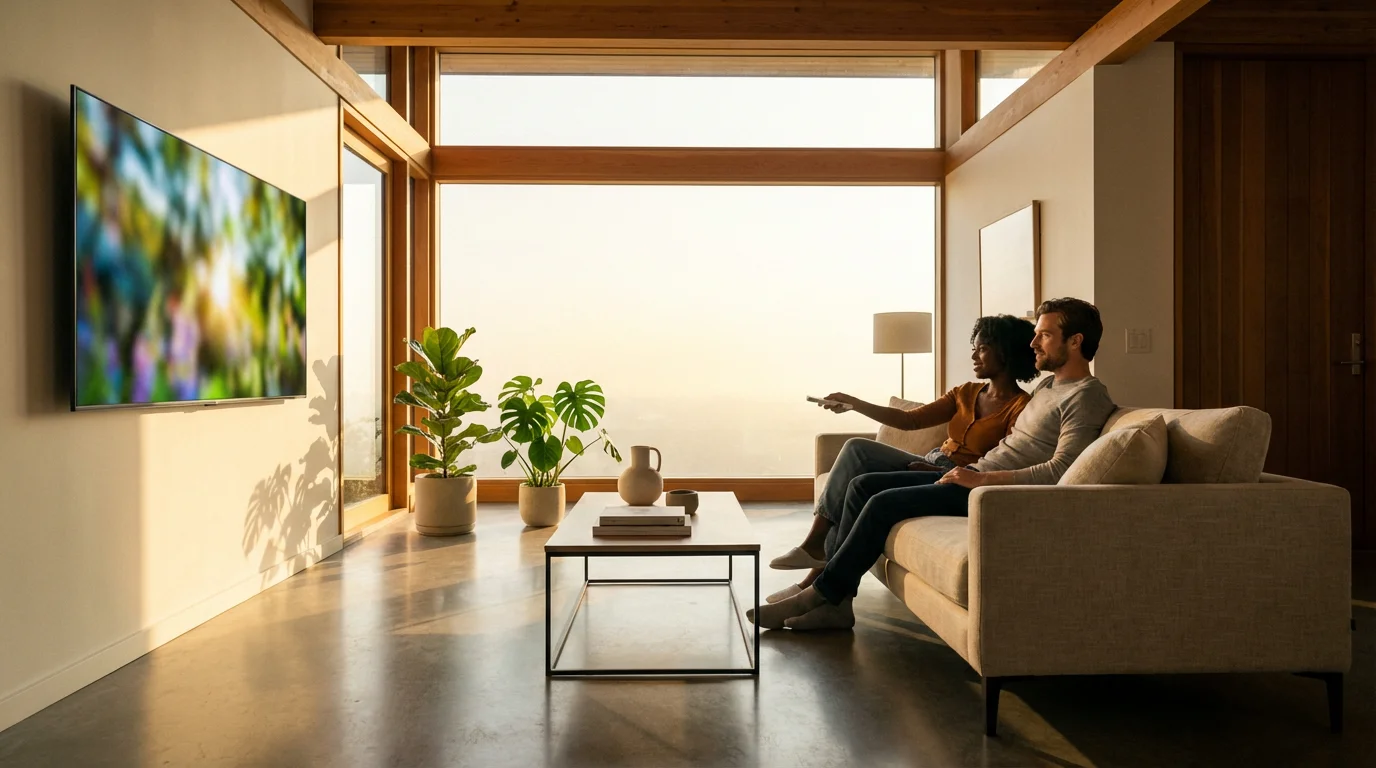 A couple relaxes on a couch in a modern living room watching TV at sunset.