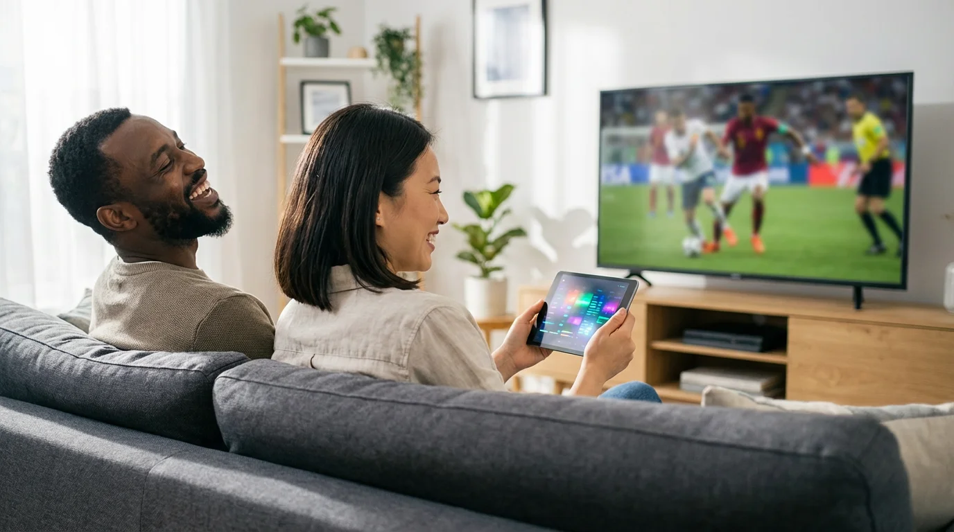 A couple relaxes on a couch, using a tablet to stream live TV.