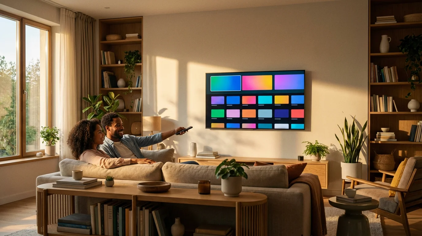 A couple relaxes on a sofa during golden hour, choosing content on a TV.