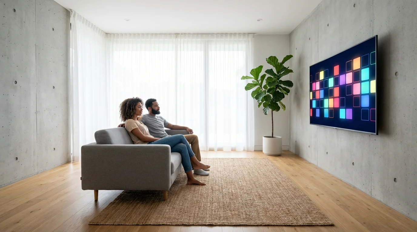 A couple relaxes on a sofa in a modern living room watching a smart TV.