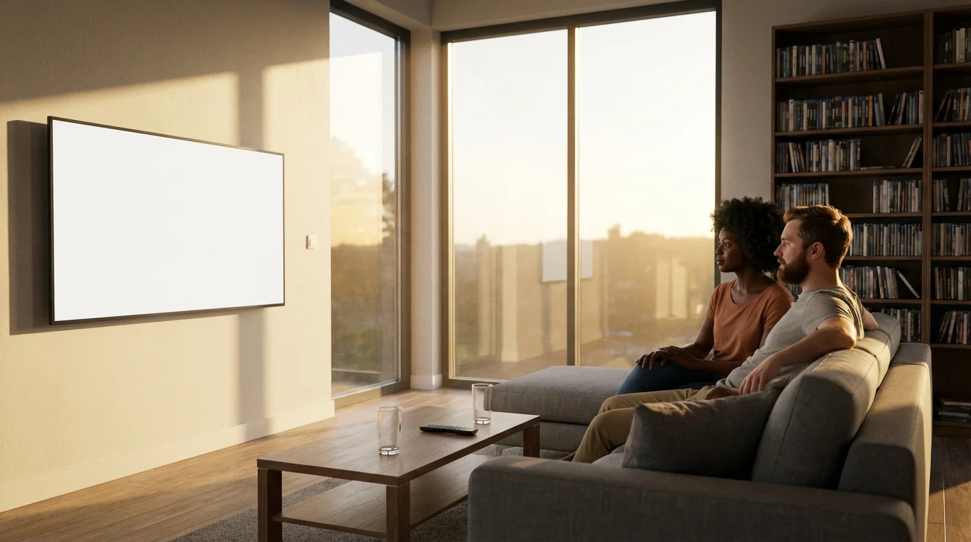A couple relaxing on a sofa in a modern living room at sunset.