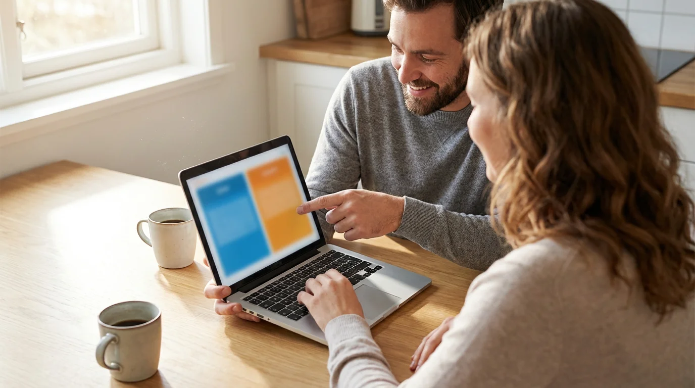 A couple sits at a bright kitchen table comparing subscription options on a laptop.