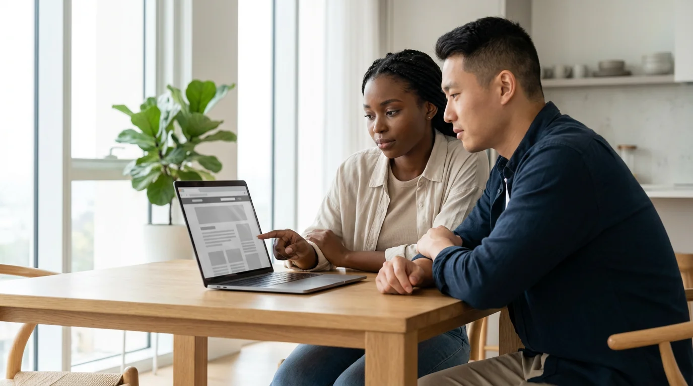 A couple sits at a table, thoughtfully reading the terms of use on a laptop.