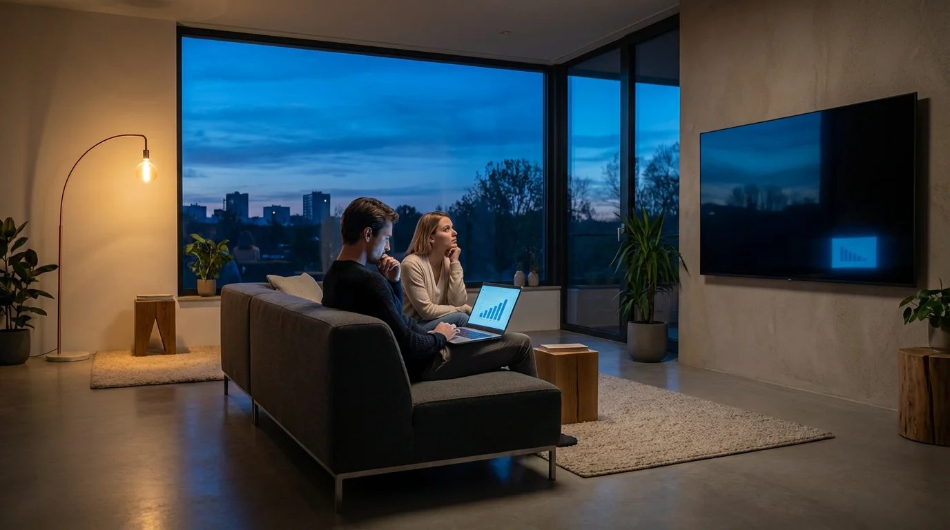 A couple sits in a modern living room at dusk, considering a laptop with graphs.