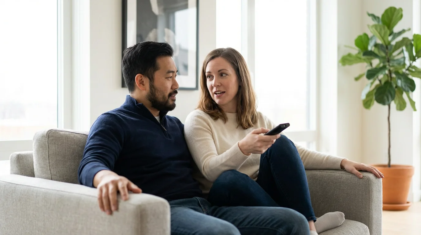 A couple sits on a couch together, discussing parental controls with a TV remote.