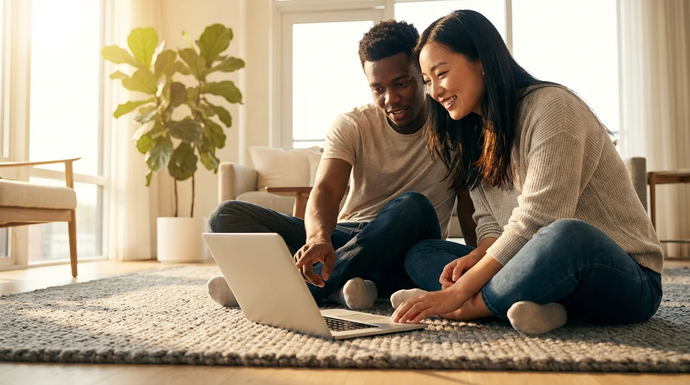 A couple sits on a living room floor setting up parental controls on a laptop.