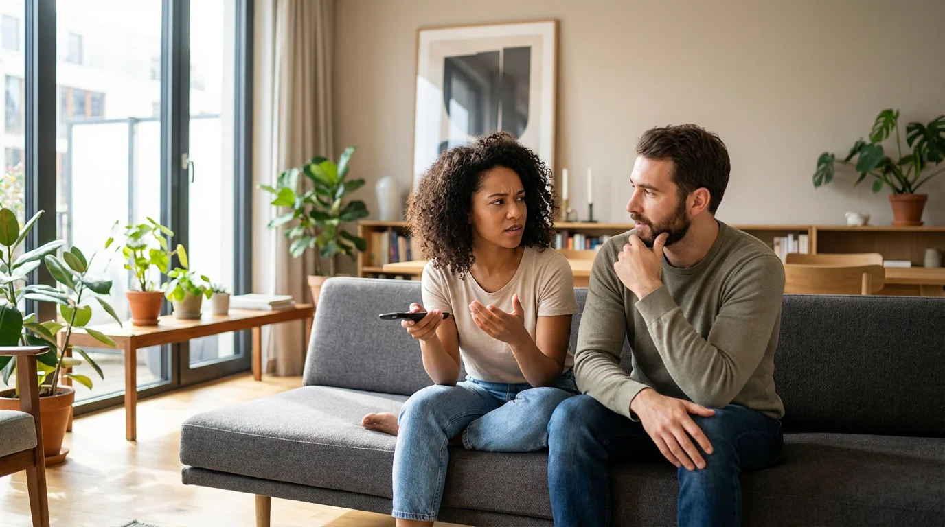 A couple sits on a sofa discussing their options while holding a TV remote.