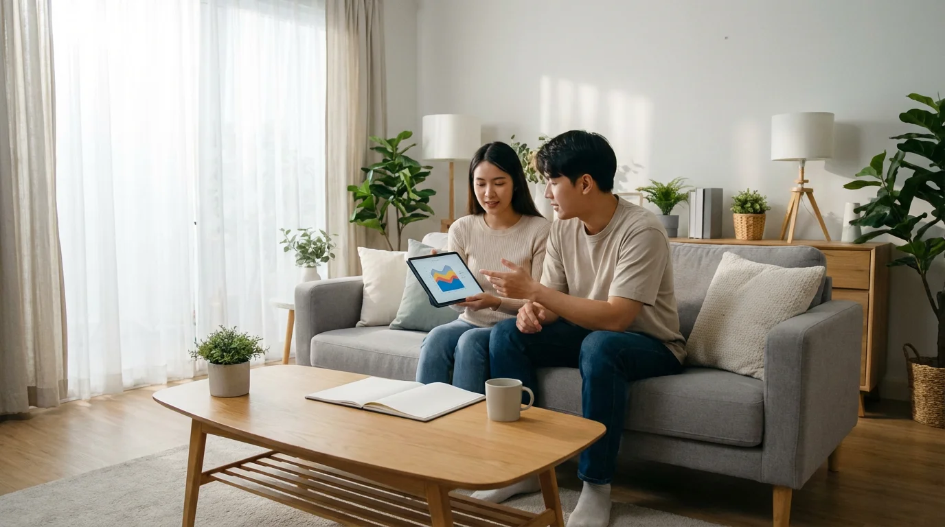A couple sits on a sofa in a bright living room, planning with a tablet.