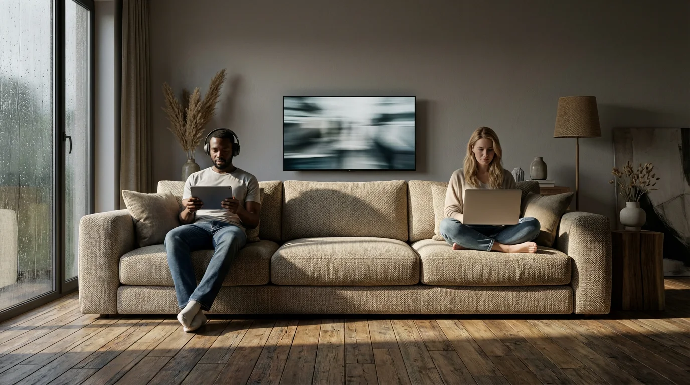 A couple sits on a sofa in a modern living room watching separate devices.