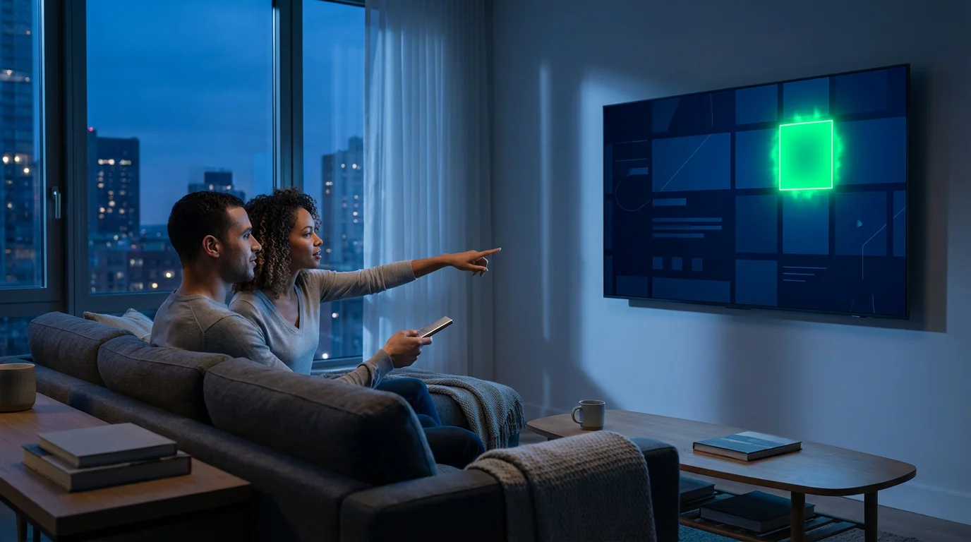 A couple sits on a sofa in a modern living room, viewing an abstract streaming interface on TV.