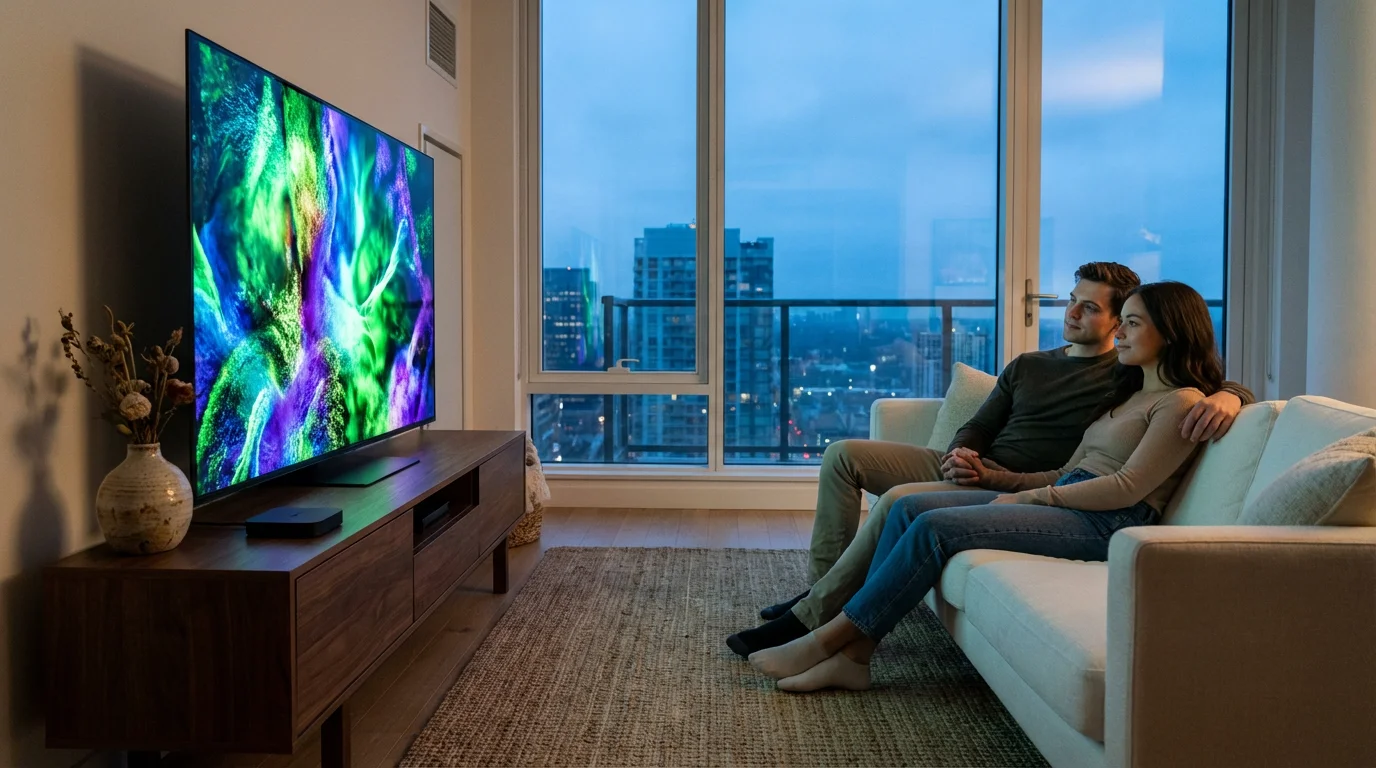A couple sits on a sofa, their faces lit by a glowing television screen.