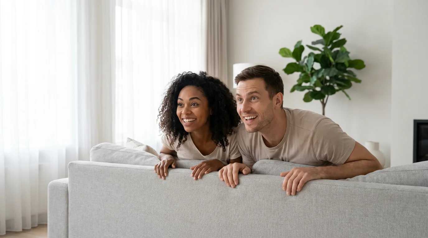 A couple watching a sports game with excited expressions in a modern living room.