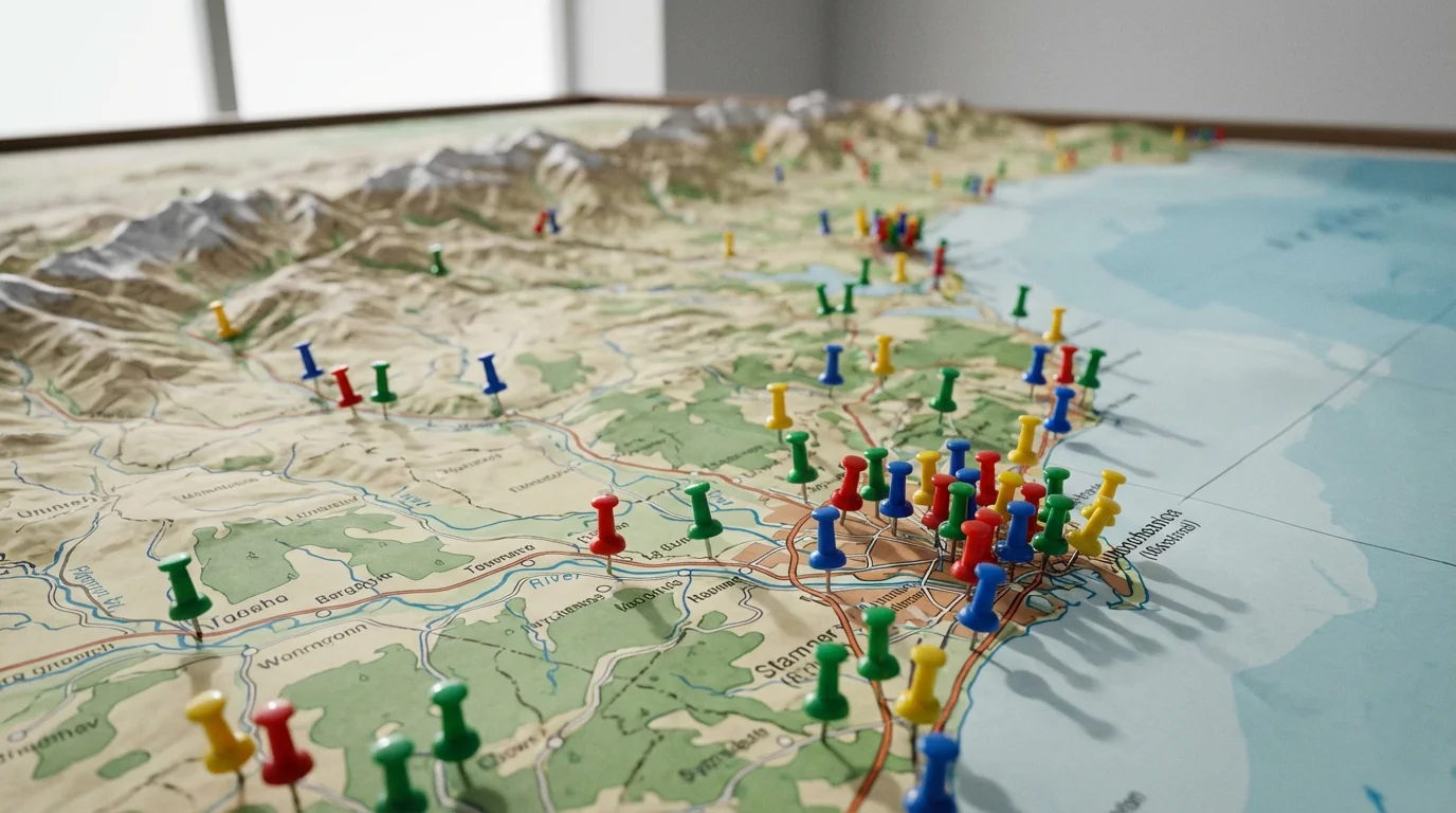 A detailed topographical map with colored push pins indicating service availability in different regions.