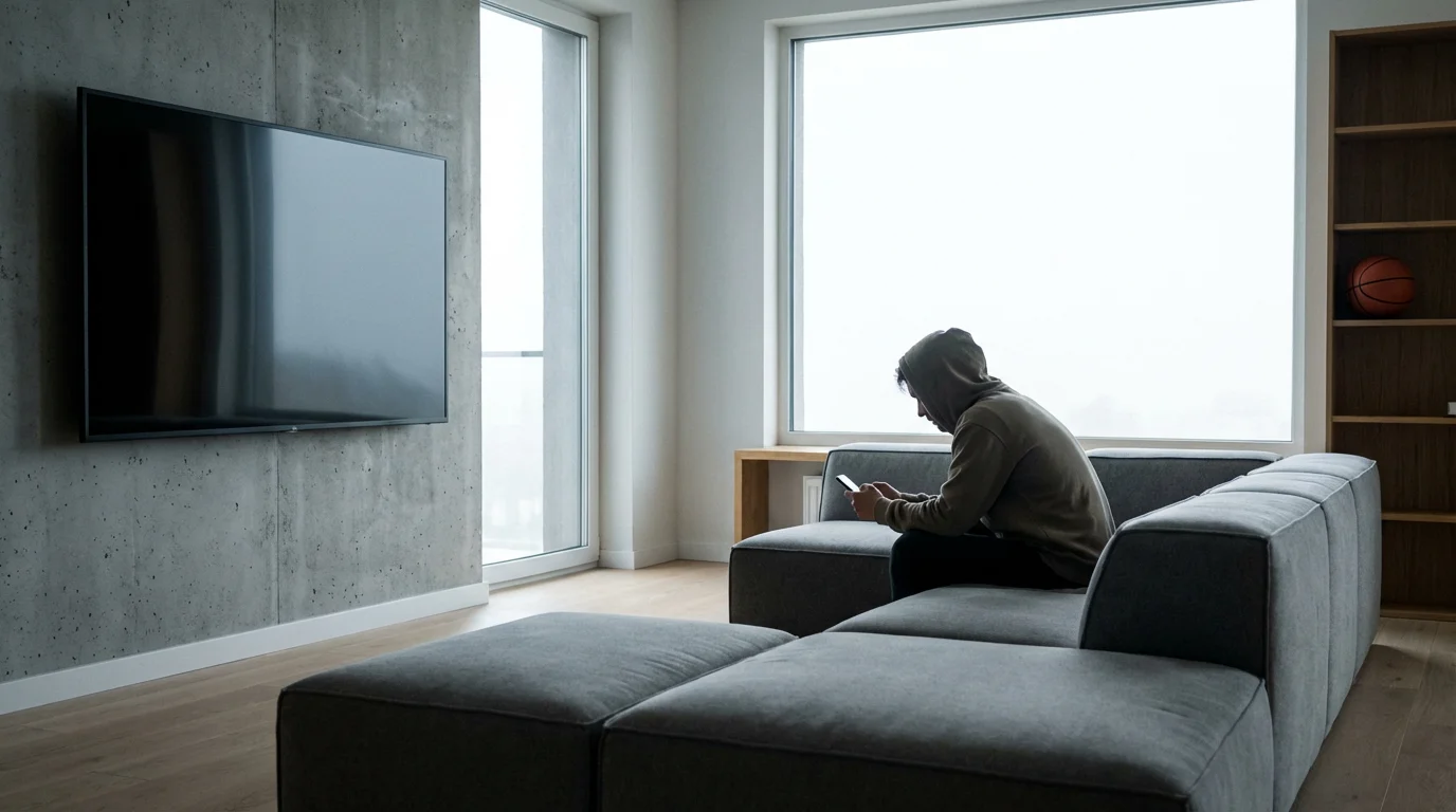 A disappointed person sitting alone in a living room, ignoring a blank television screen.