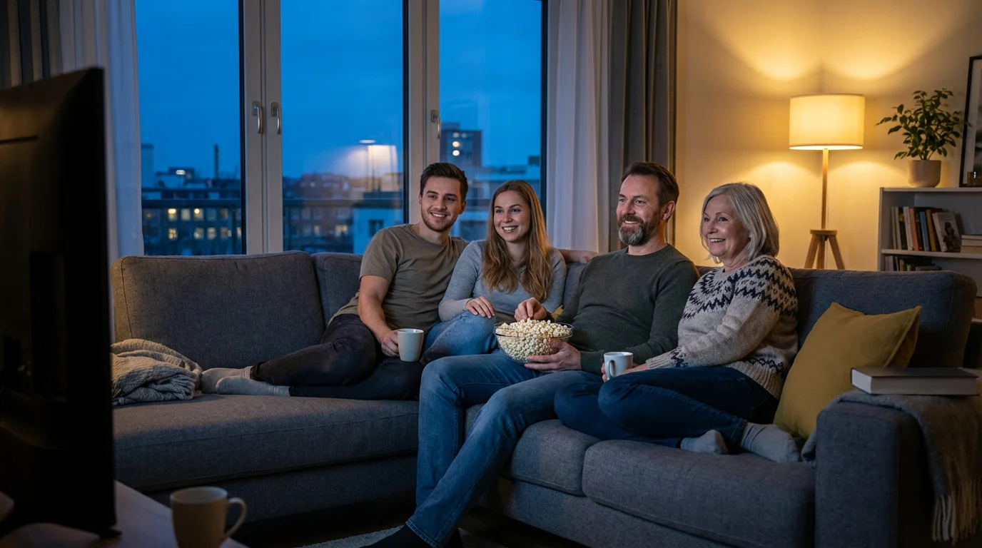 A diverse group of friends and family watching a glowing screen in a living room.