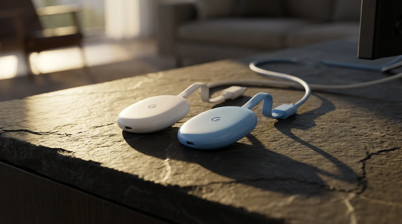 A dramatic low angle closeup of the Chromecast HD and 4K dongles.