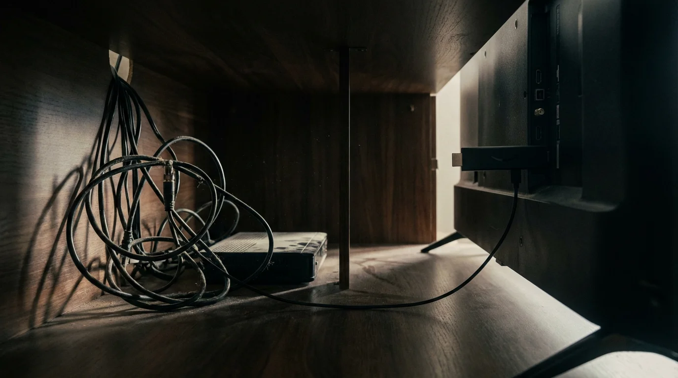 A dramatic low-angle comparison of tangled cable box wires versus a single, simple streaming stick.