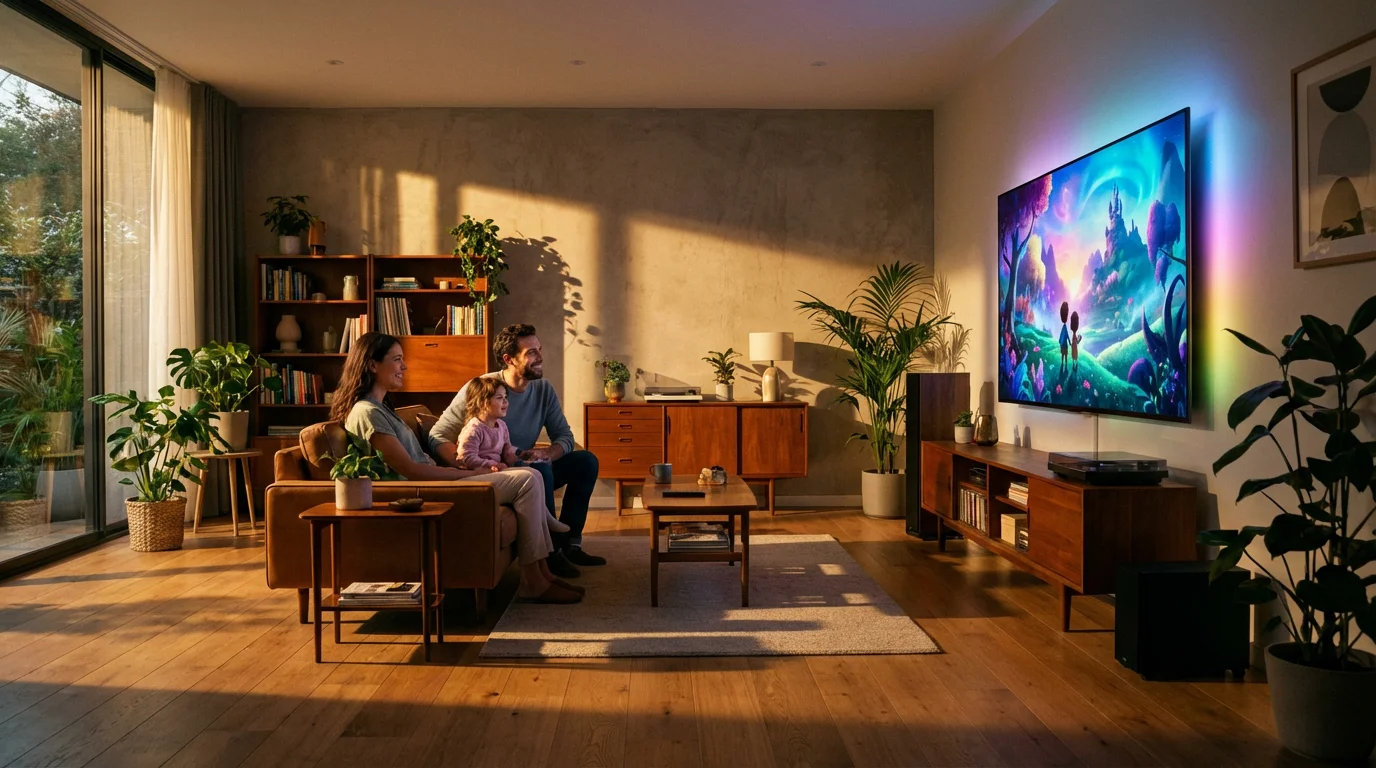 A family enjoys a movie on a large 4K TV in a sunlit living room.