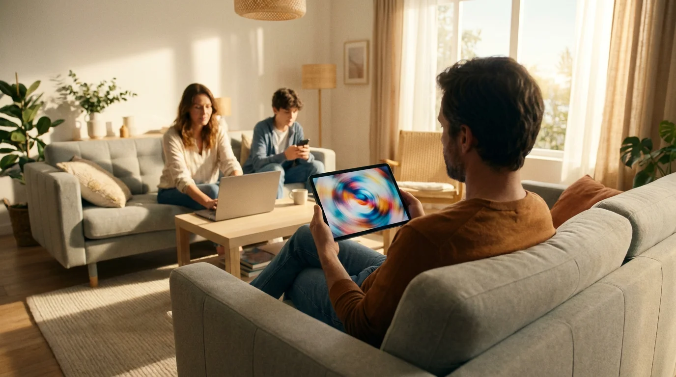 A family in a living room simultaneously using a tablet, smartphone, and laptop.