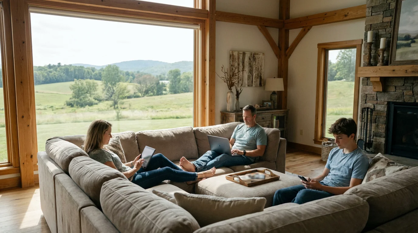A family in a rural living room streaming video on a laptop, tablet, and smartphone.