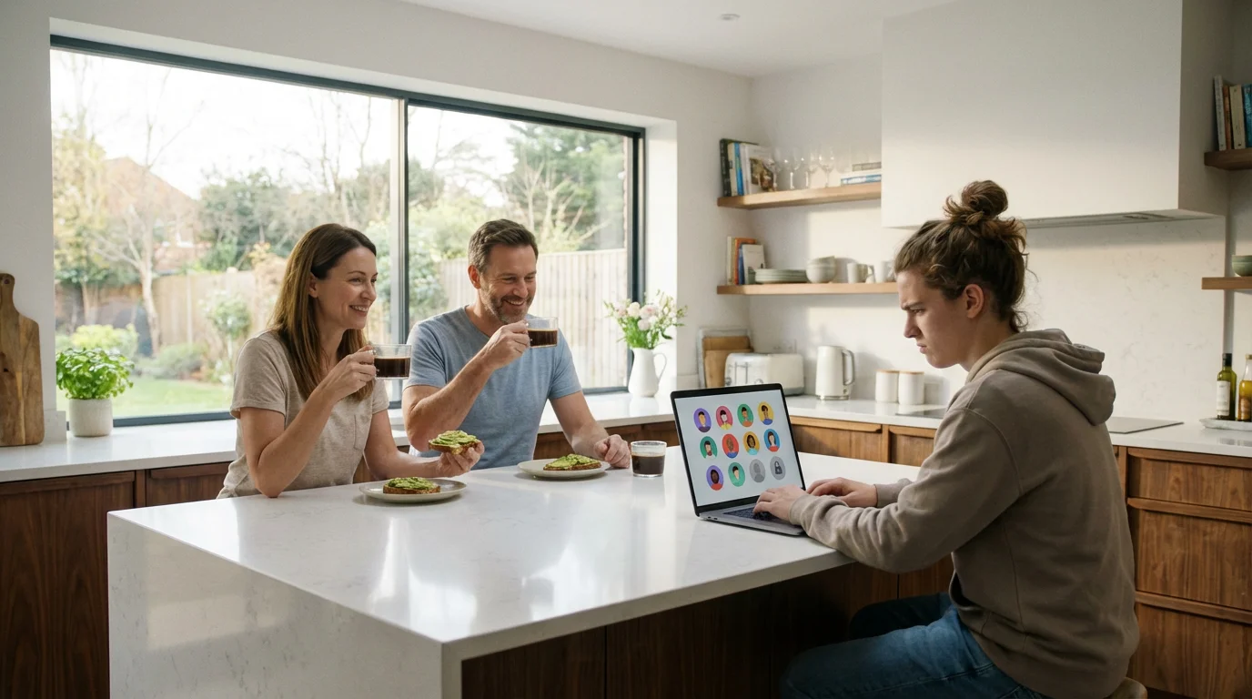 A family in a sunlit kitchen, with one person confused by a laptop screen.