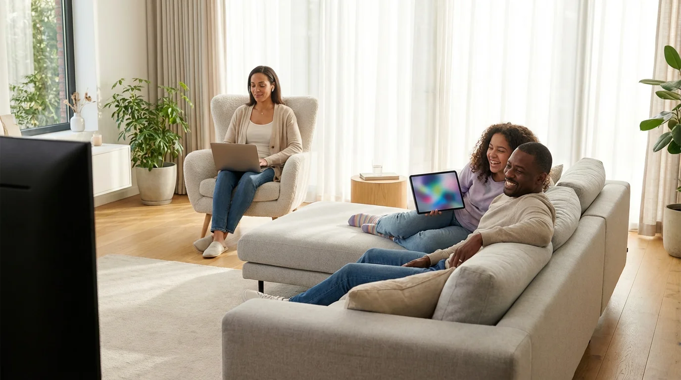A family in a sunlit living room simultaneously watching TV, a tablet, and a laptop.