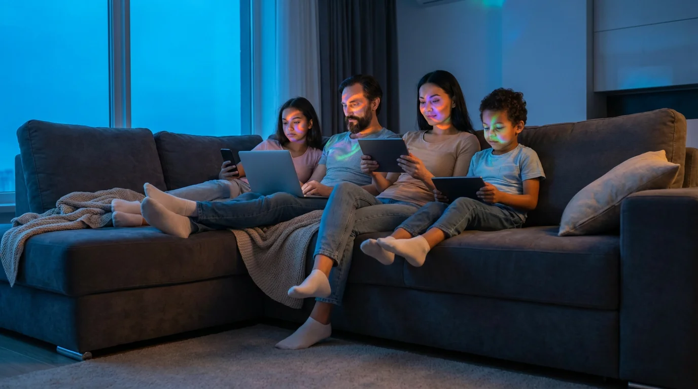 A family of four on a couch each using a separate glowing device at dusk.