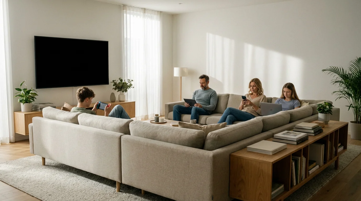 A family sits on a sofa, each using their own tablet or smartphone.