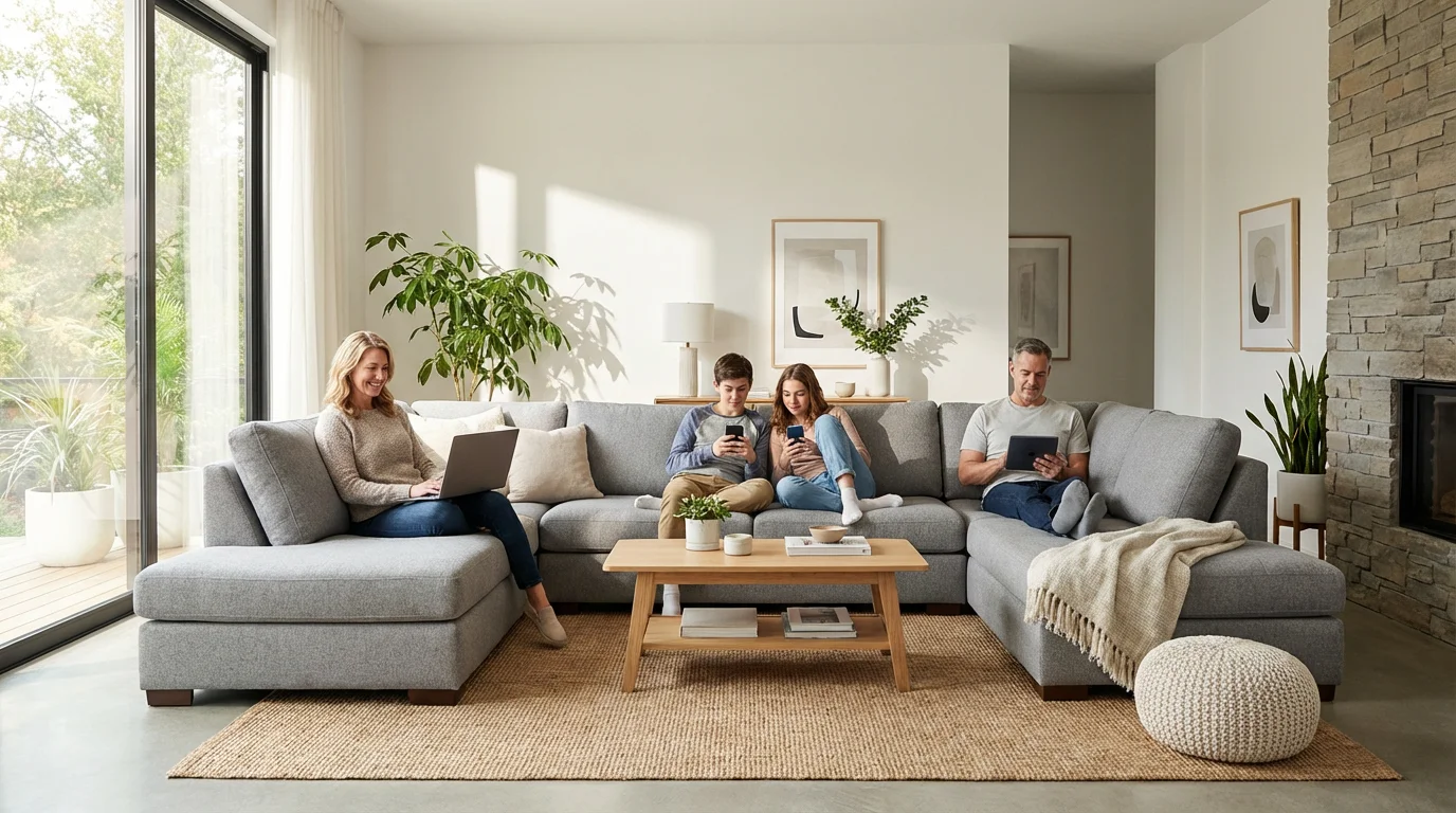 A family sits together on a modern sofa, each using a separate electronic device.