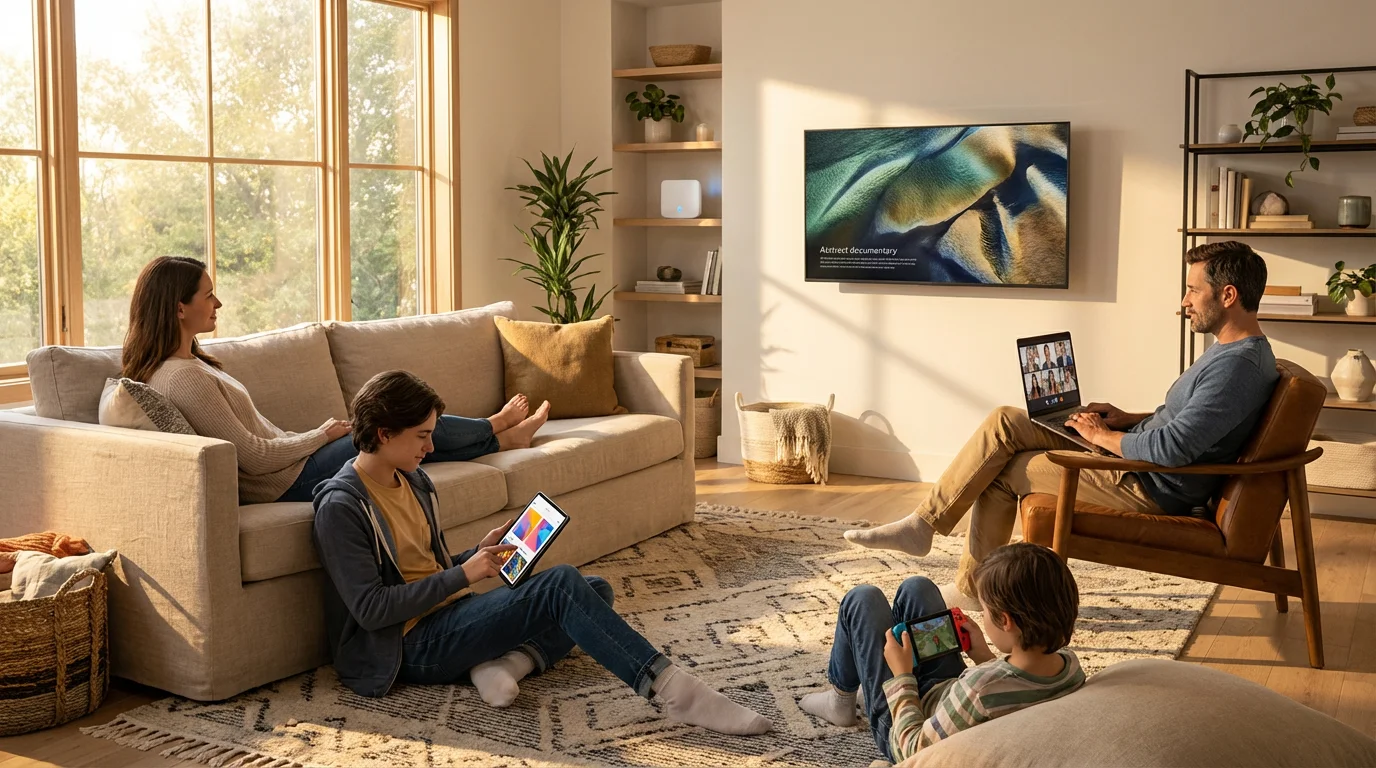 A family using a TV, laptop, and tablet simultaneously in a modern living room.