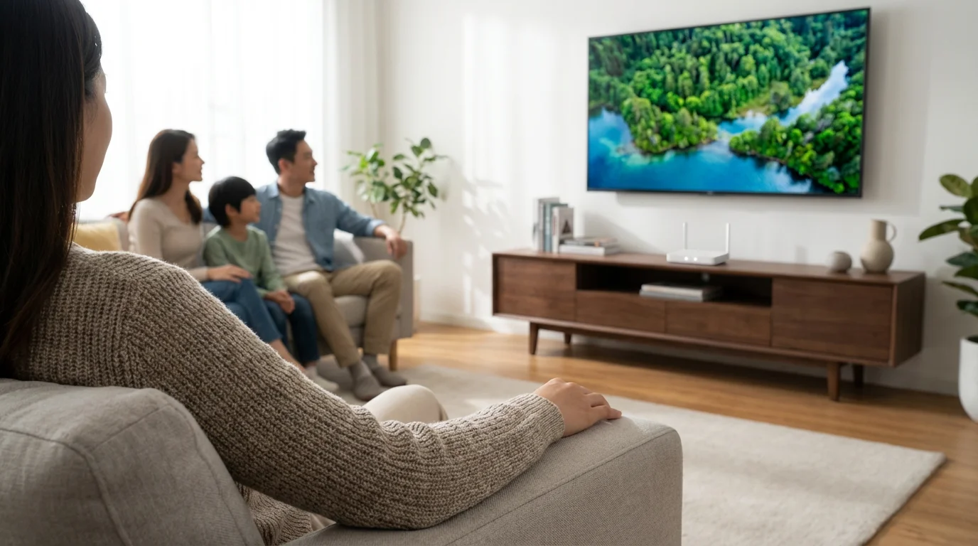 A family watches TV in a bright living room, with a Wi-Fi router visible.