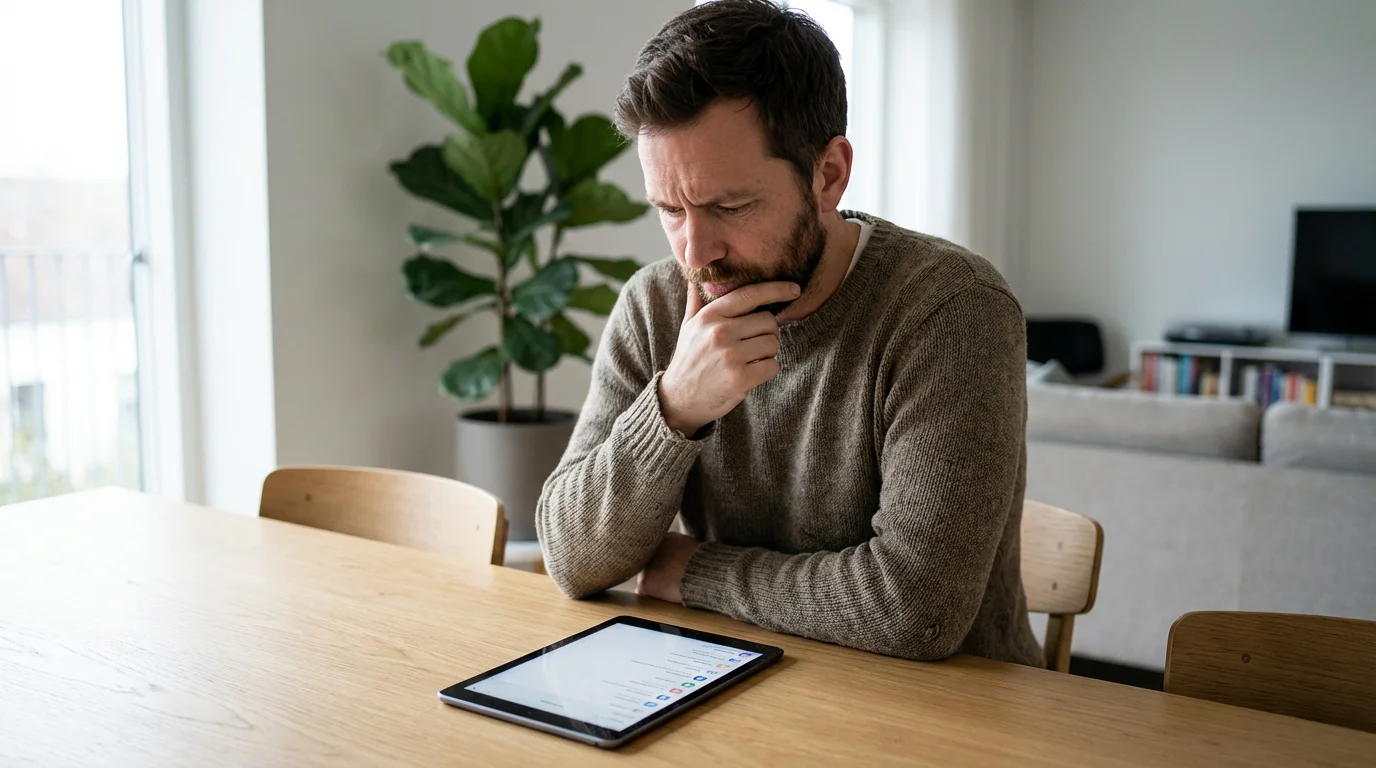 A father sits at a dining table, looking thoughtfully at a tablet screen.