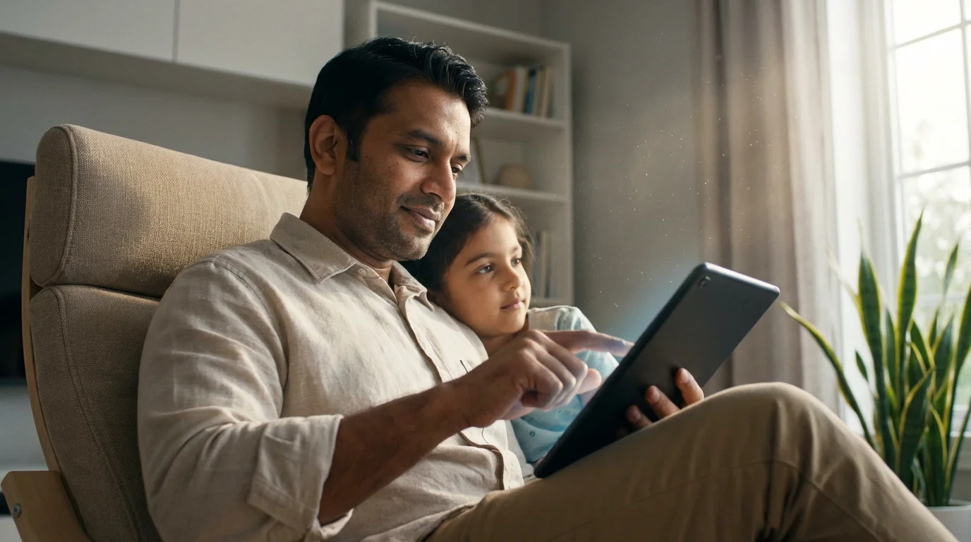 A father sits in an armchair with his daughter, using a tablet to set controls.