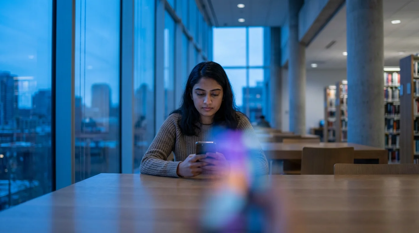 A female student sits in a modern library at dusk, using her smartphone.