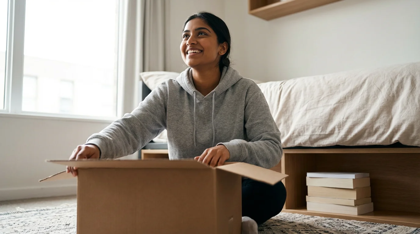 A female student sits on her dorm room floor excitedly opening a shipping box.