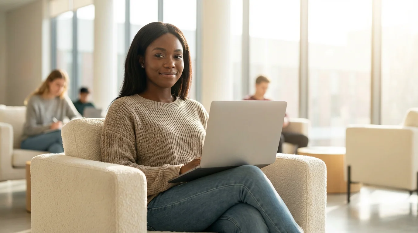 A female student smiles while using her laptop in a sunny university common room.