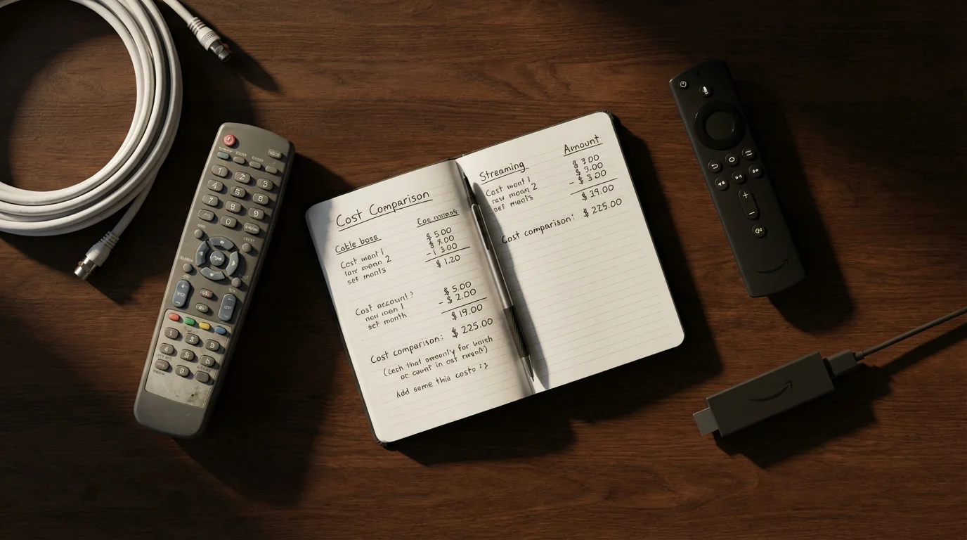 A flat lay comparing a cable remote and cable to a streaming stick and remote.