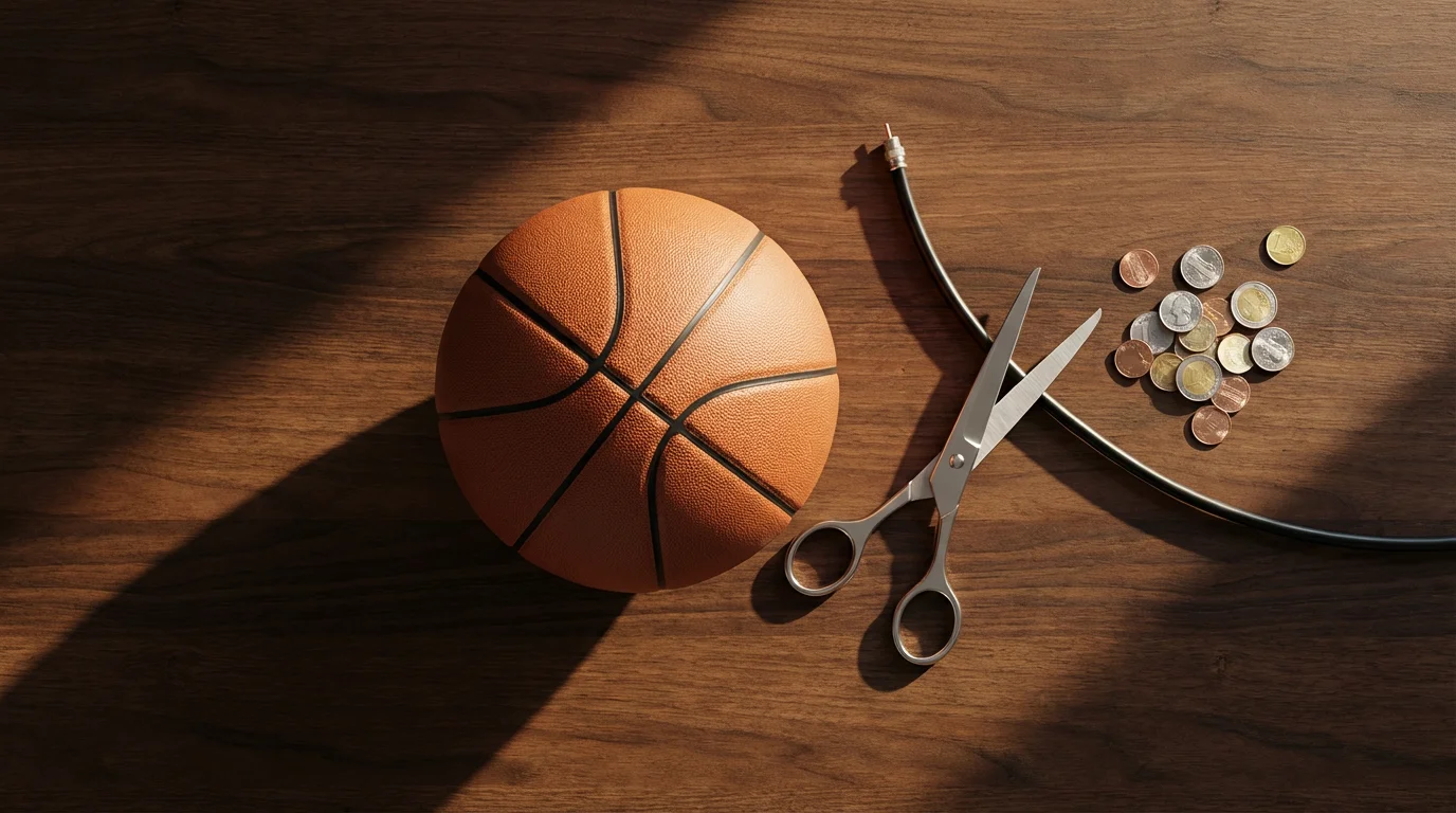 A flat lay of a basketball, scissors, a cut cable, and coins on a desk.