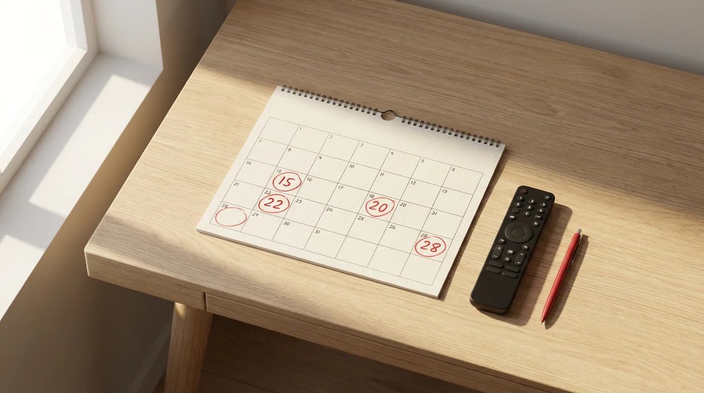 A flat lay of a calendar page with circled dates next to a TV remote.