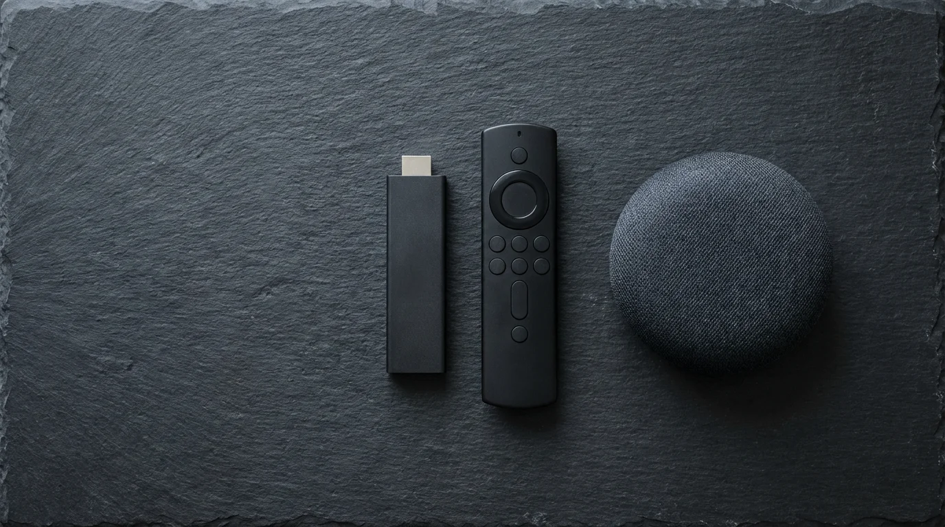 A flat lay of a generic black streaming stick, remote, and smart speaker.
