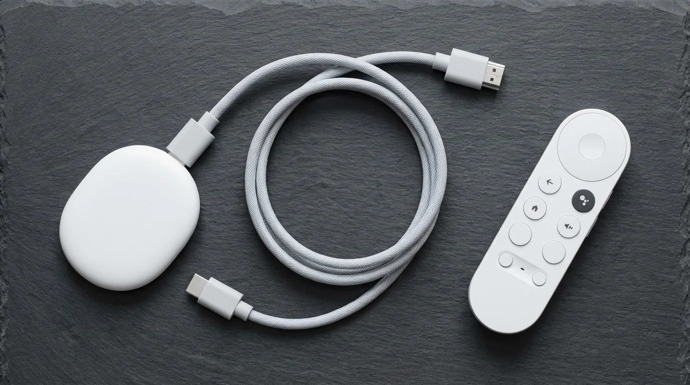 A flat lay of a Google Chromecast, remote, and HDMI cable for streaming.