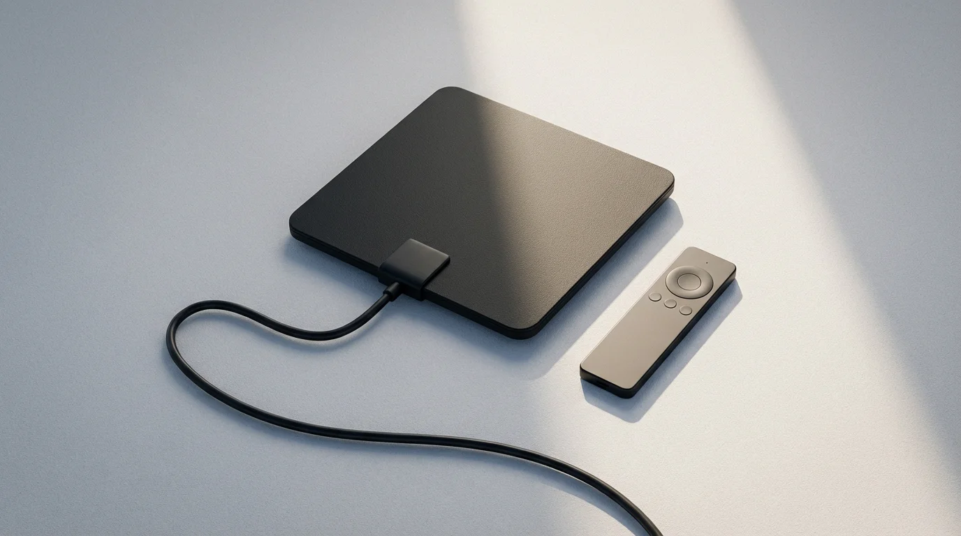 A flat lay of a modern indoor HDTV antenna and a remote control.