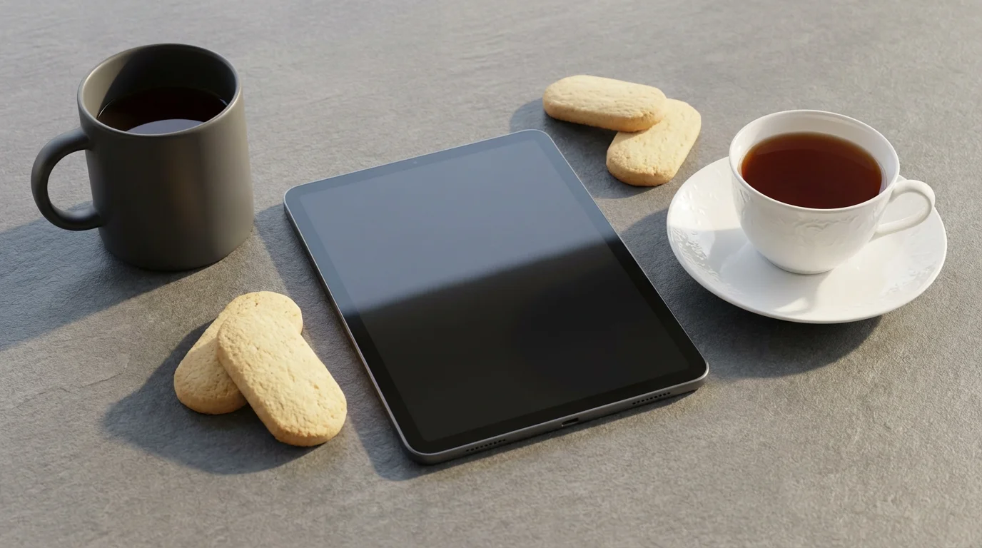 A flat lay of a modern mug and a classic teacup with a tablet.
