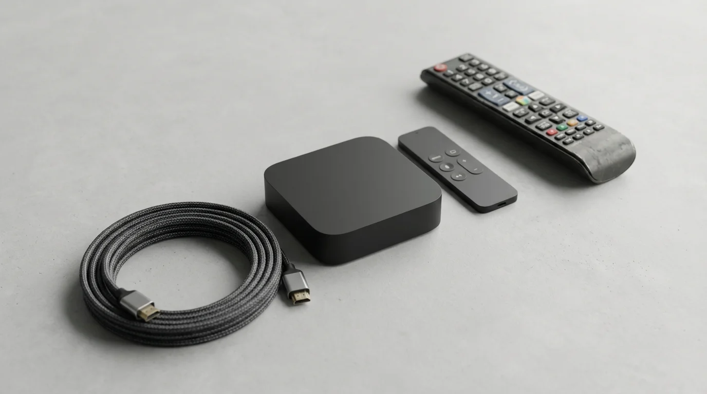 A flat lay of a modern streaming media device and remote beside an older TV remote.