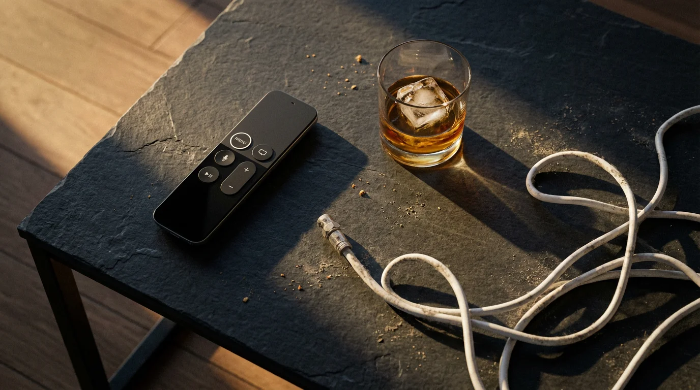 A flat lay of a modern streaming remote next to a dusty, old cable.
