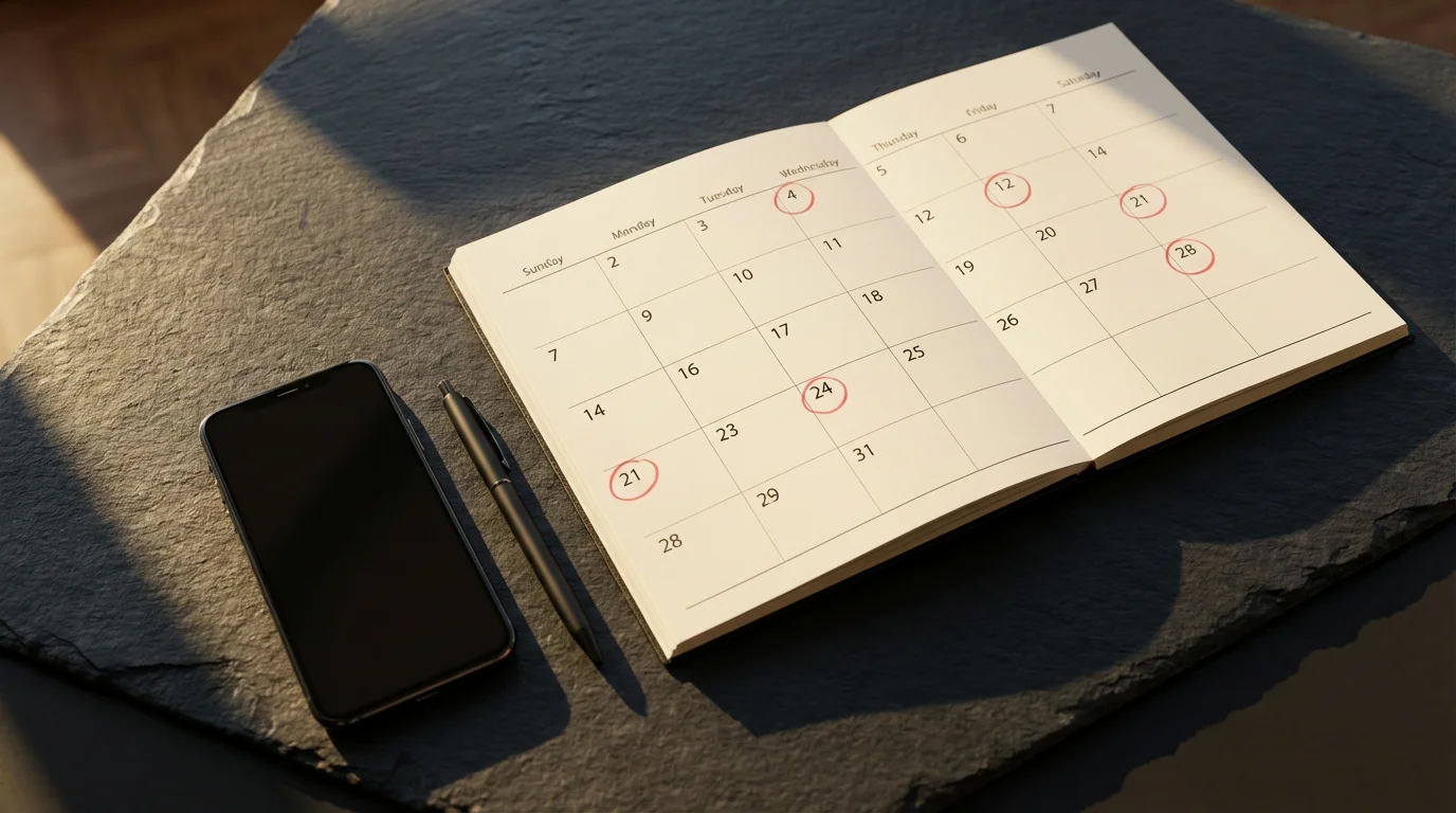 A flat lay of a monthly calendar with circled dates, a smartphone, and pen.
