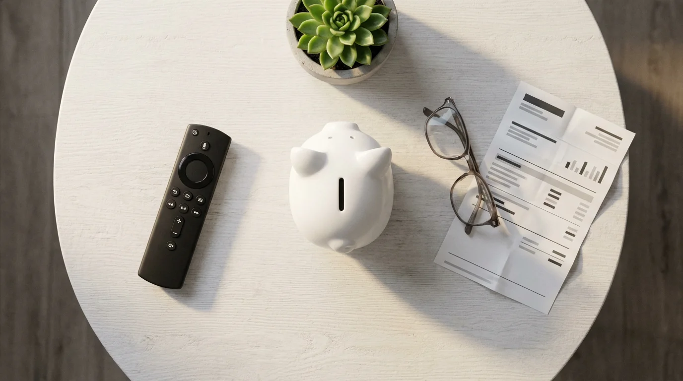 A flat lay of a piggy bank, TV remote, and glasses on a table.